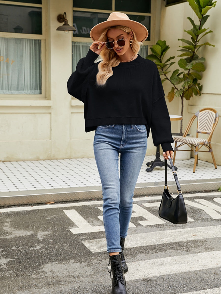 Liber Autumn Damen Crew Neck Raglan Ärmel Jacke Kurz Locker Langarm Pullover