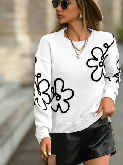 3D-Effekt Blumenmuster Rundhals Pullover