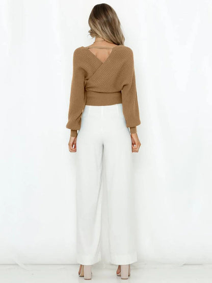 Liber Autumn Damenbekleidung Kreuzdesign Einfache Stickerei V-Ausschnitt einfarbiger Pullover langärmeliger Pullover