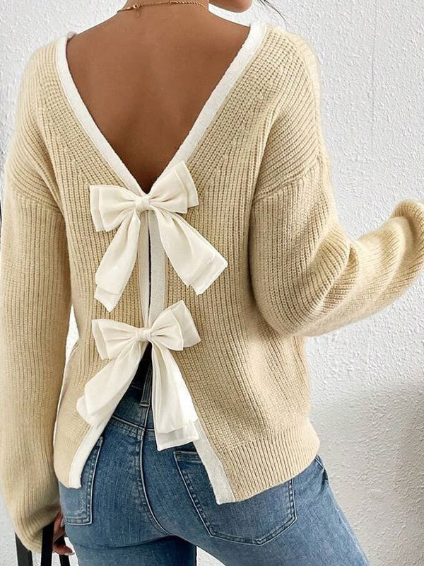 Bogen Kontrastfarben Rückenausschnitt Pullover