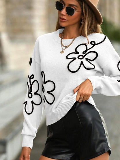 3D-Effekt Blumenmuster Rundhals Pullover