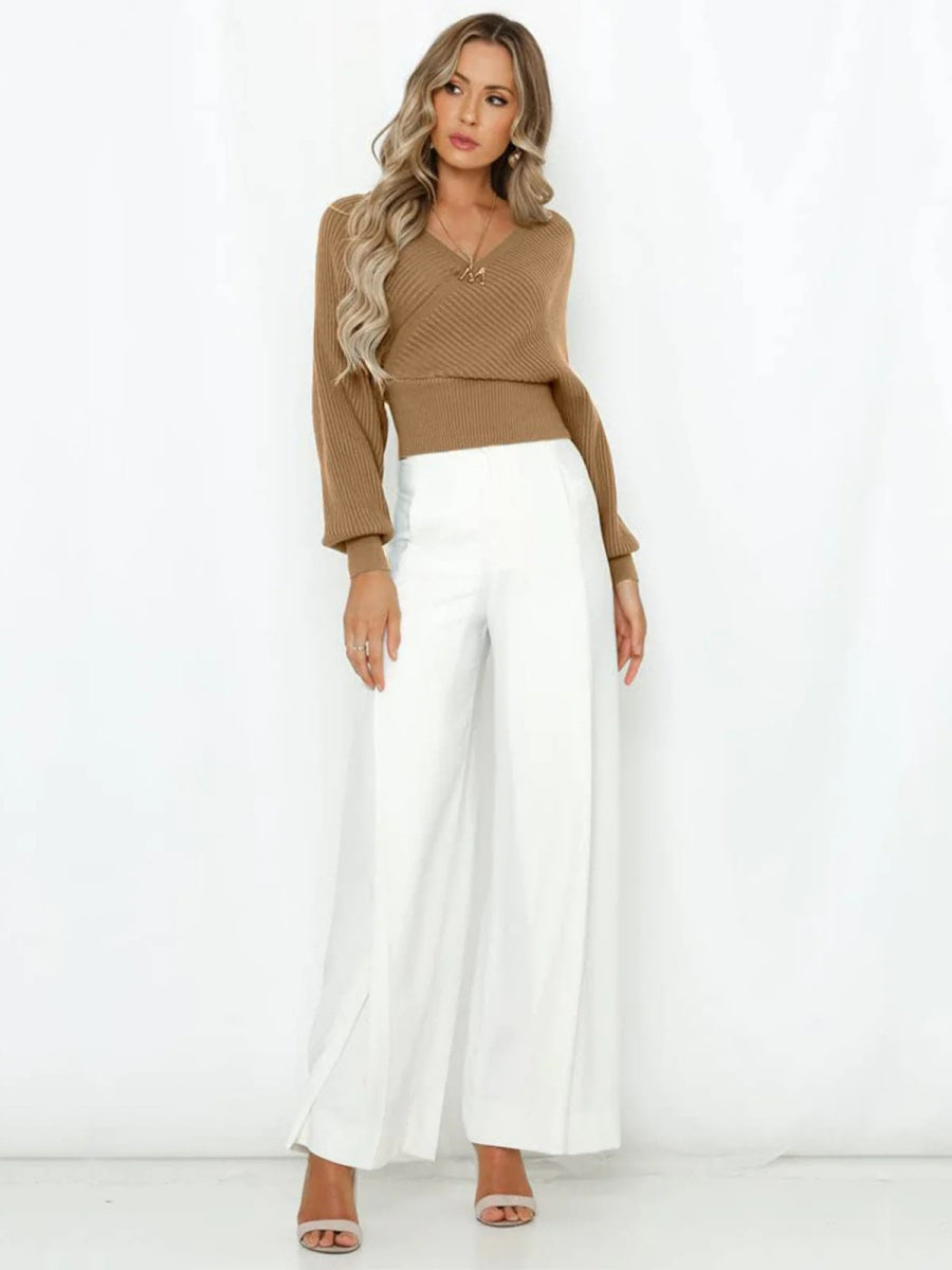 Liber Autumn Damenbekleidung Kreuzdesign Einfache Stickerei V-Ausschnitt einfarbiger Pullover langärmeliger Pullover