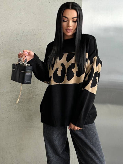 Liber Autumn Damen Leopardenmuster Kleidung Raglanärmel paneelierter Pullover