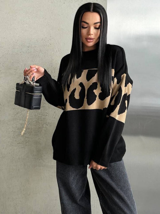 Liber Autumn Damen Leopardenmuster Kleidung Raglanärmel paneelierter Pullover