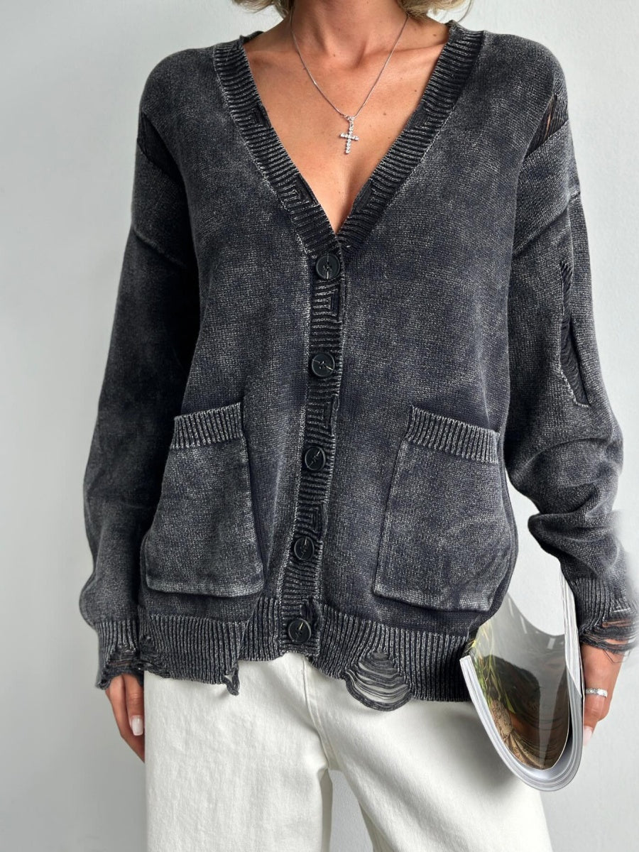 Liber Autumn Damen gewaschenes und distressed Kleidung V-Ausschnitt hand-distressed Cardigan Pullover