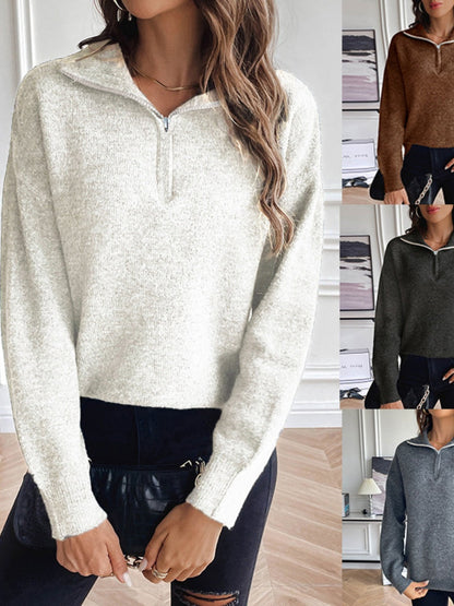 Liber Autumn Damen Reißverschluss Pullover Farbmix Langarm Revers Kurzoberteil
