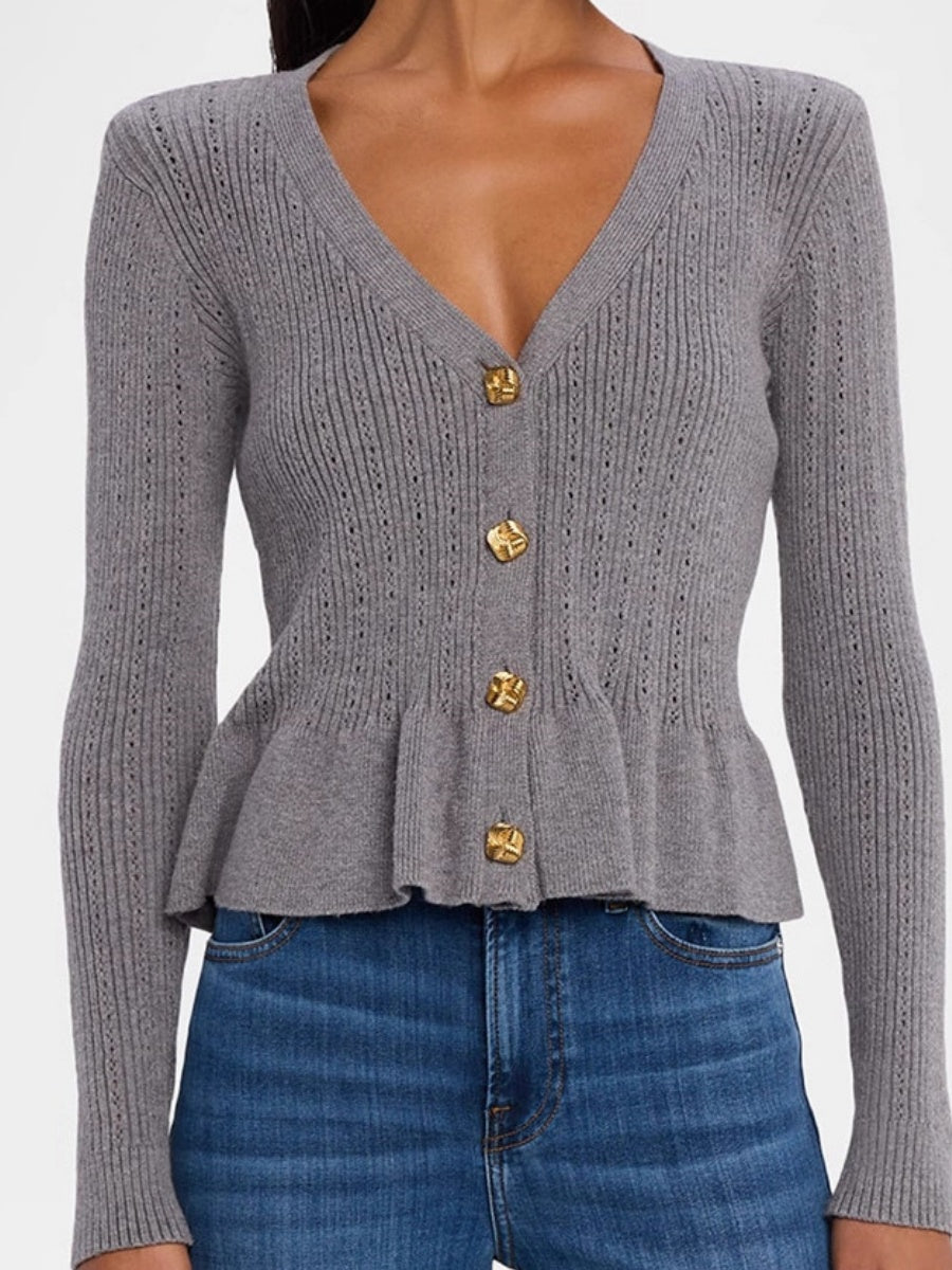 Liber Spring Damen Pullover mit V-Ausschnitt und Rüschen in einfarbig