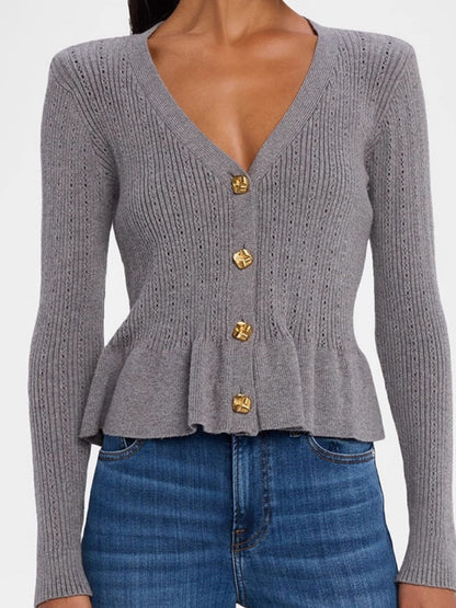 Liber Spring Damen Pullover mit V-Ausschnitt und Rüschen in einfarbig