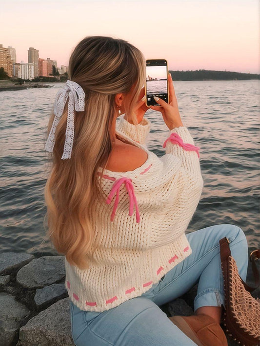 Schnürung Bogen Kontrastfarben Pullover