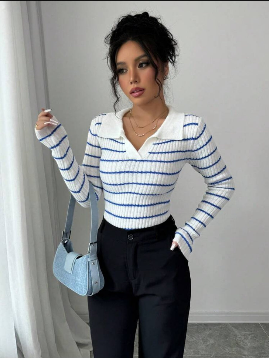 Liber Spring Damen Streifen V-Ausschnitt Strickpullover