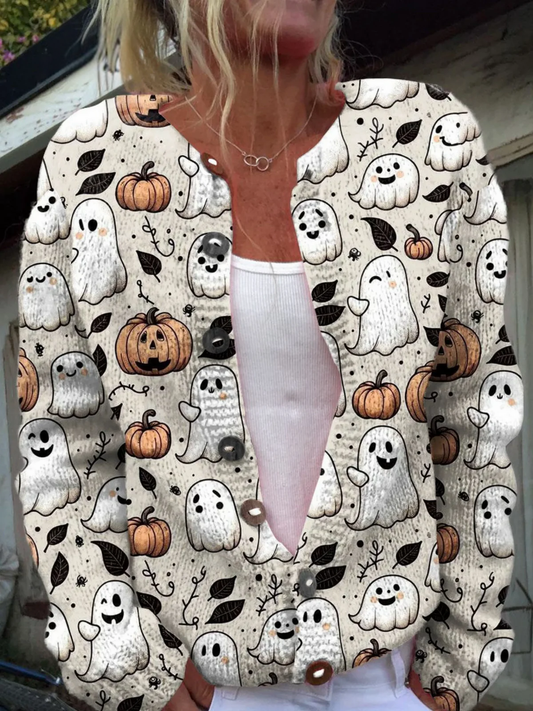 Lustiger Geist Halloween Kunstdruck Knopf-Cardigan-Pullover