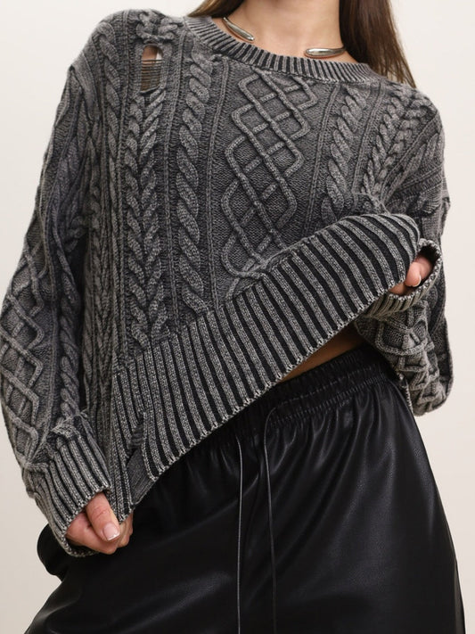 Liber Autumn Damen gewaschenes kurzes Kleidungsstück mit Bauchnabelloch, Batwing-Ärmeln, Pullover-Sweater