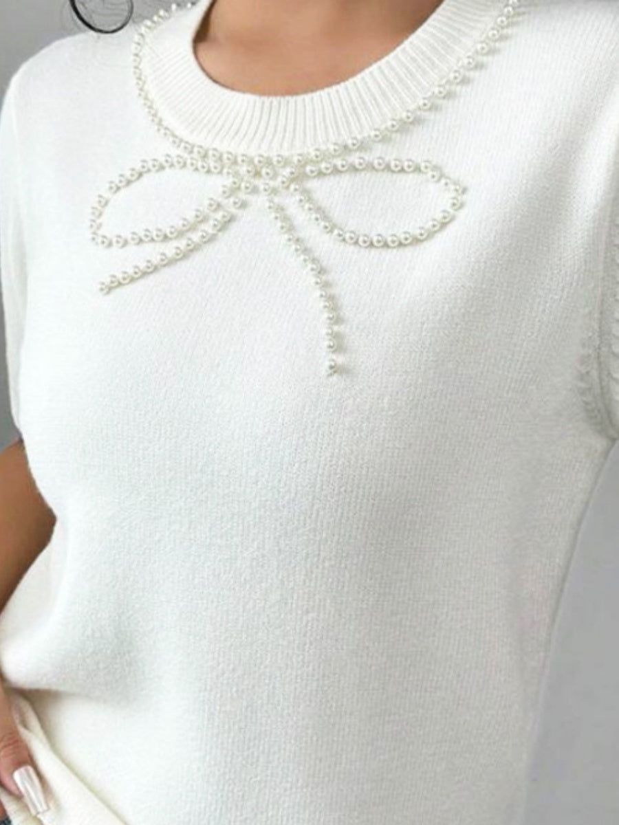 Liber Sommer Damen Pullover mit einfarbigem Perlen-Schleifen-Muster
