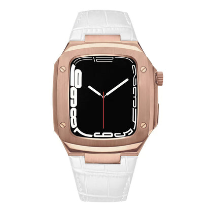 Luxuriöses Metallgehäuse mit Lederarmband für Apple Watch Series 40/41/44/45 mm