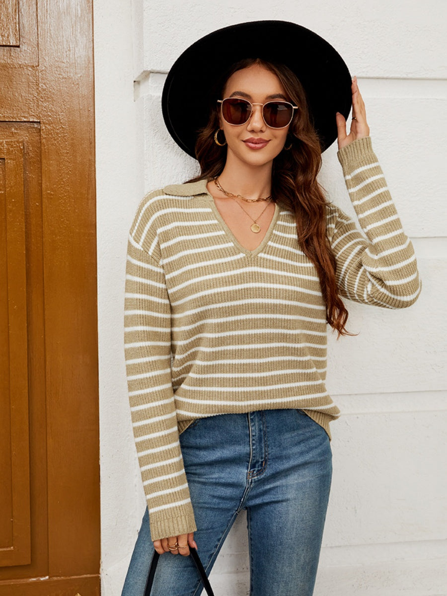 Liber Autumn Damen V-Ausschnitt Kontrastfarben Streifen Jacke Wolle