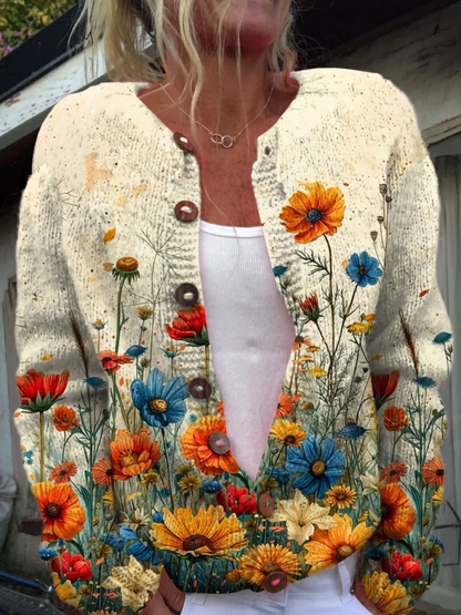 Vintage Blumen Kunst Druck Knopf-Cardigan Pullover