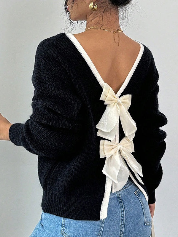 Bogen Kontrastfarben Rückenausschnitt Pullover