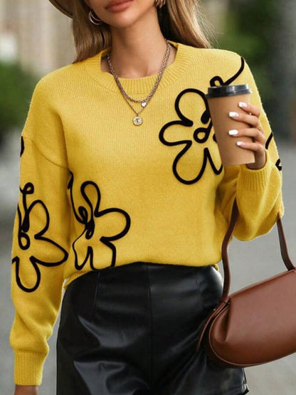 3D-Effekt Blumenmuster Rundhals Pullover