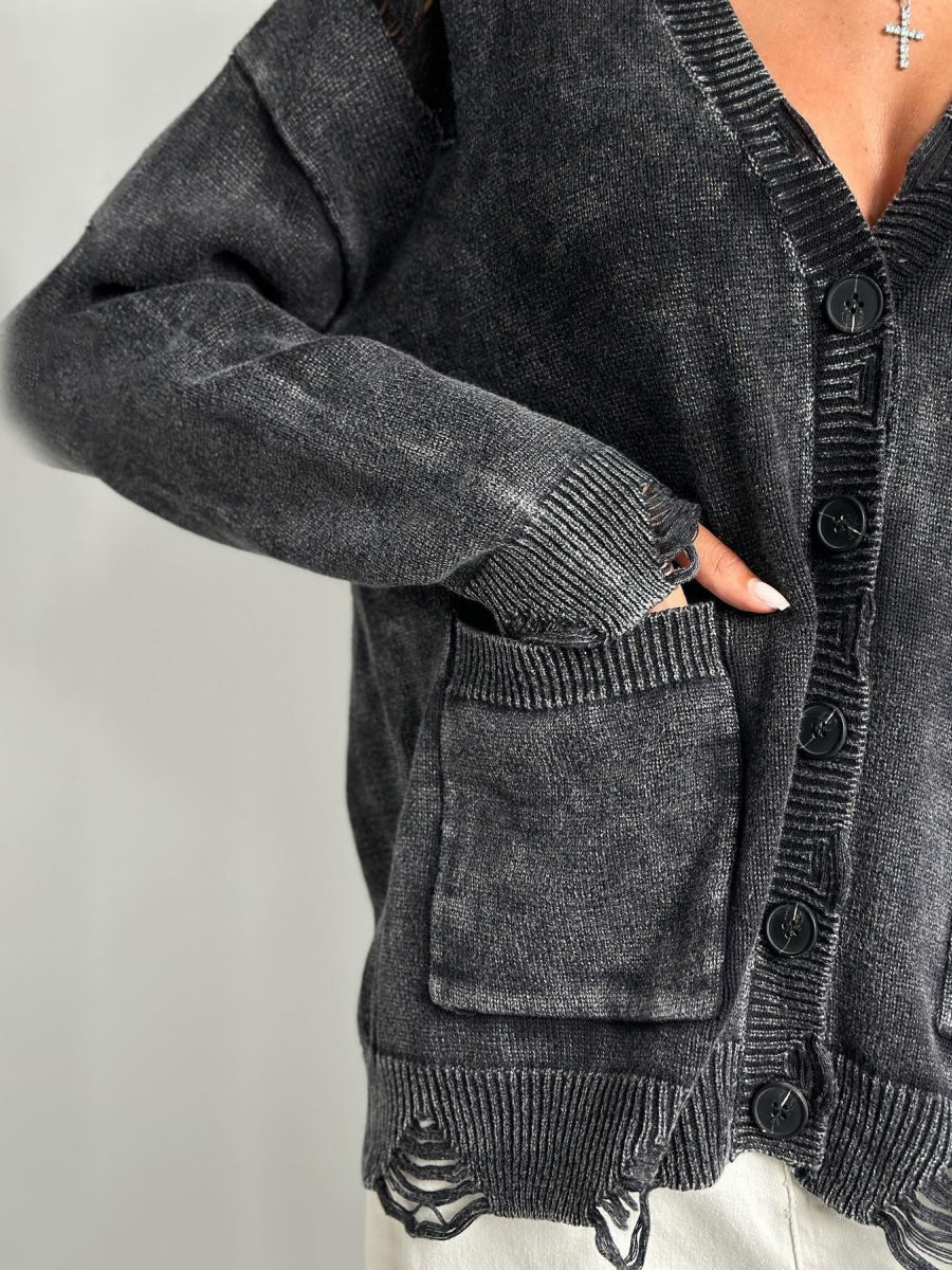 Liber Autumn Damen gewaschenes und distressed Kleidung V-Ausschnitt hand-distressed Cardigan Pullover