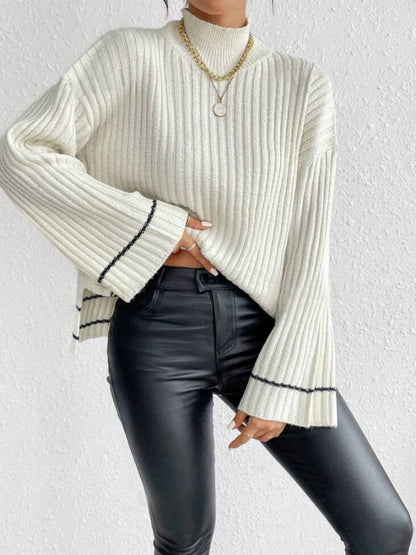 Liber Autumn Damen Pullover mit kontrastierenden Farben, weit ausgestellten Ärmeln und Rollkragen