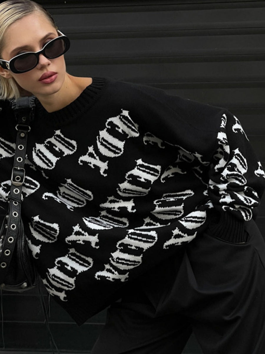 Liber Autumn Damen Retro-Mode Europäischer und Amerikanischer Rockdruck Pullover Sweater