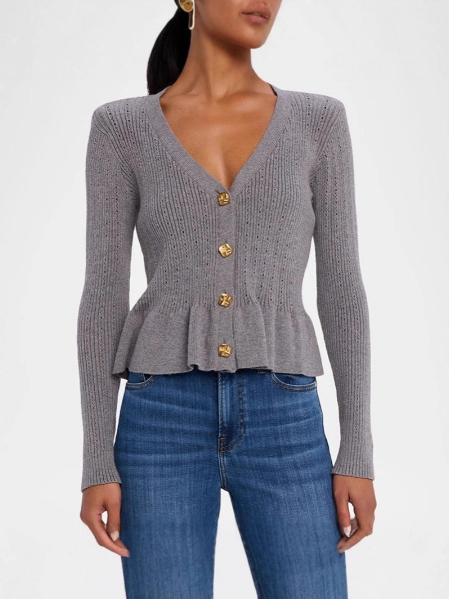 Liber Spring Damen Pullover mit V-Ausschnitt und Rüschen in einfarbig