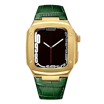 Luxuriöses Metallgehäuse mit Lederarmband für Apple Watch Series 40/41/44/45 mm