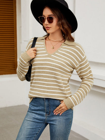 Liber Autumn Damen V-Ausschnitt Kontrastfarben Streifen Jacke Wolle