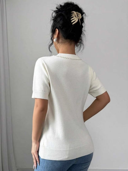 Liber Sommer Damen Pullover mit einfarbigem Perlen-Schleifen-Muster