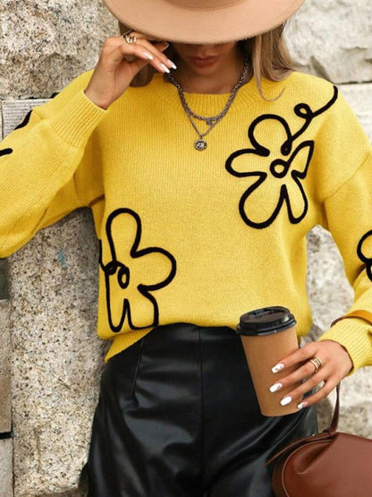 3D-Effekt Blumenmuster Rundhals Pullover