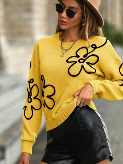 3D-Effekt Blumenmuster Rundhals Pullover