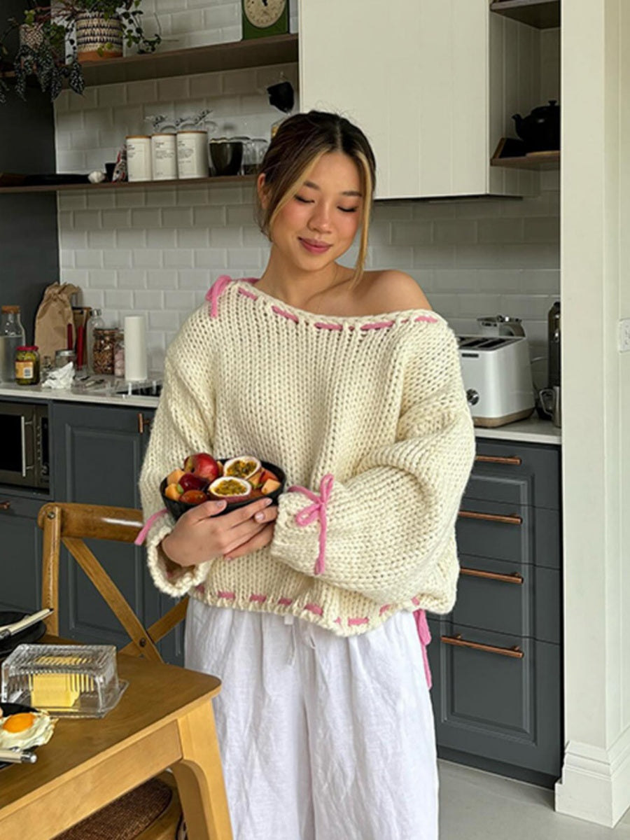 Schnürung Bogen Kontrastfarben Pullover