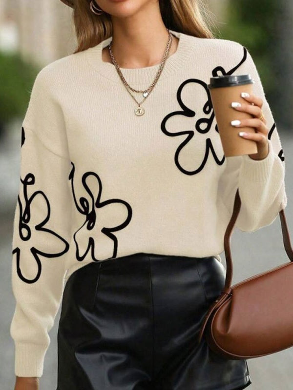 3D-Effekt Blumenmuster Rundhals Pullover