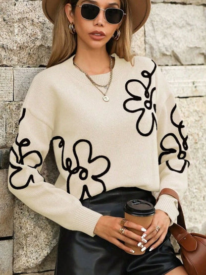 3D-Effekt Blumenmuster Rundhals Pullover