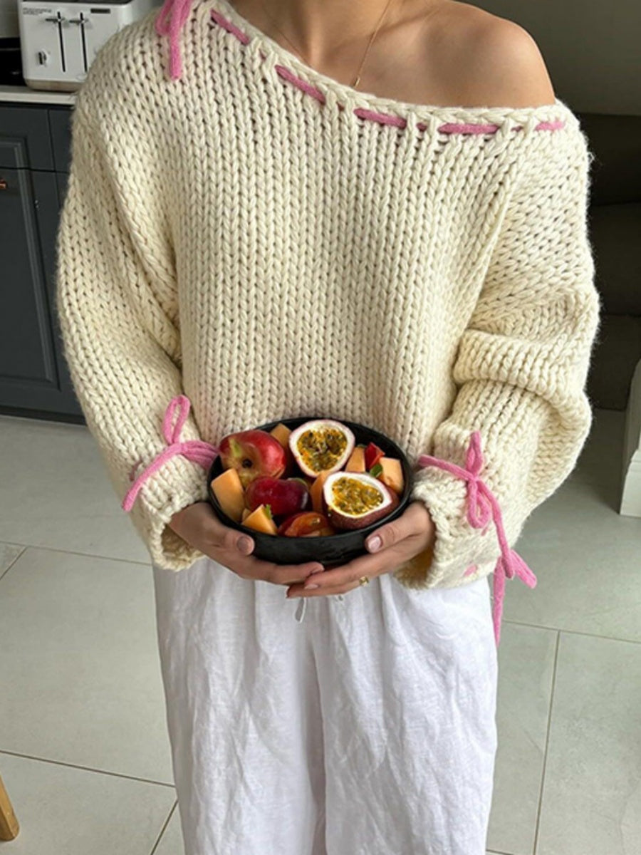 Schnürung Bogen Kontrastfarben Pullover