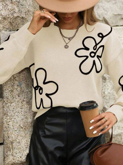 3D-Effekt Blumenmuster Rundhals Pullover