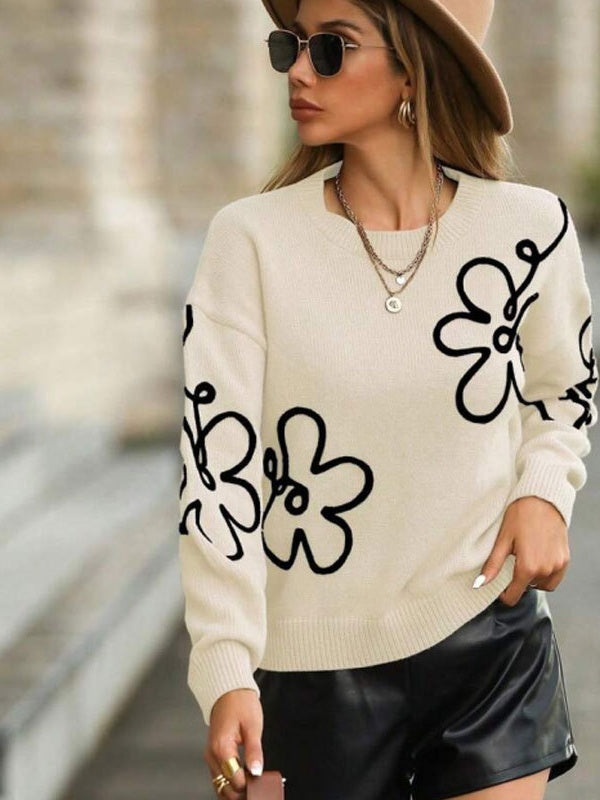 3D-Effekt Blumenmuster Rundhals Pullover