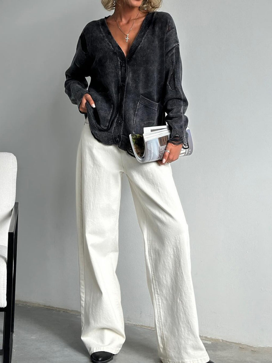 Liber Autumn Damen gewaschenes und distressed Kleidung V-Ausschnitt hand-distressed Cardigan Pullover