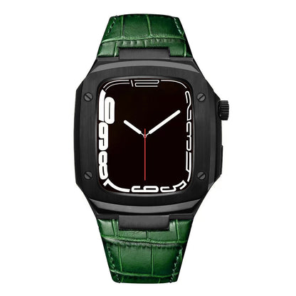 Luxuriöses Metallgehäuse mit Lederarmband für Apple Watch Series 40/41/44/45 mm