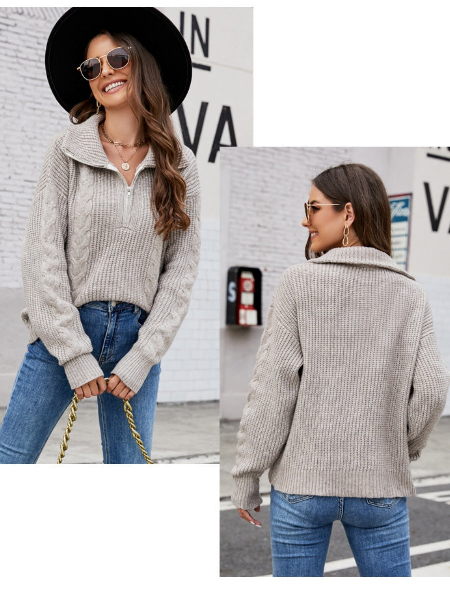 Liber Autumn Damen Reißverschluss Pullover Farbmischung Langarm Revers Kurzoberteil