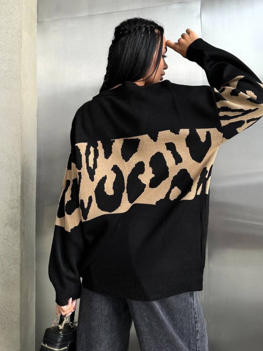 Liber Autumn Damen Leopardenmuster Kleidung Raglanärmel paneelierter Pullover