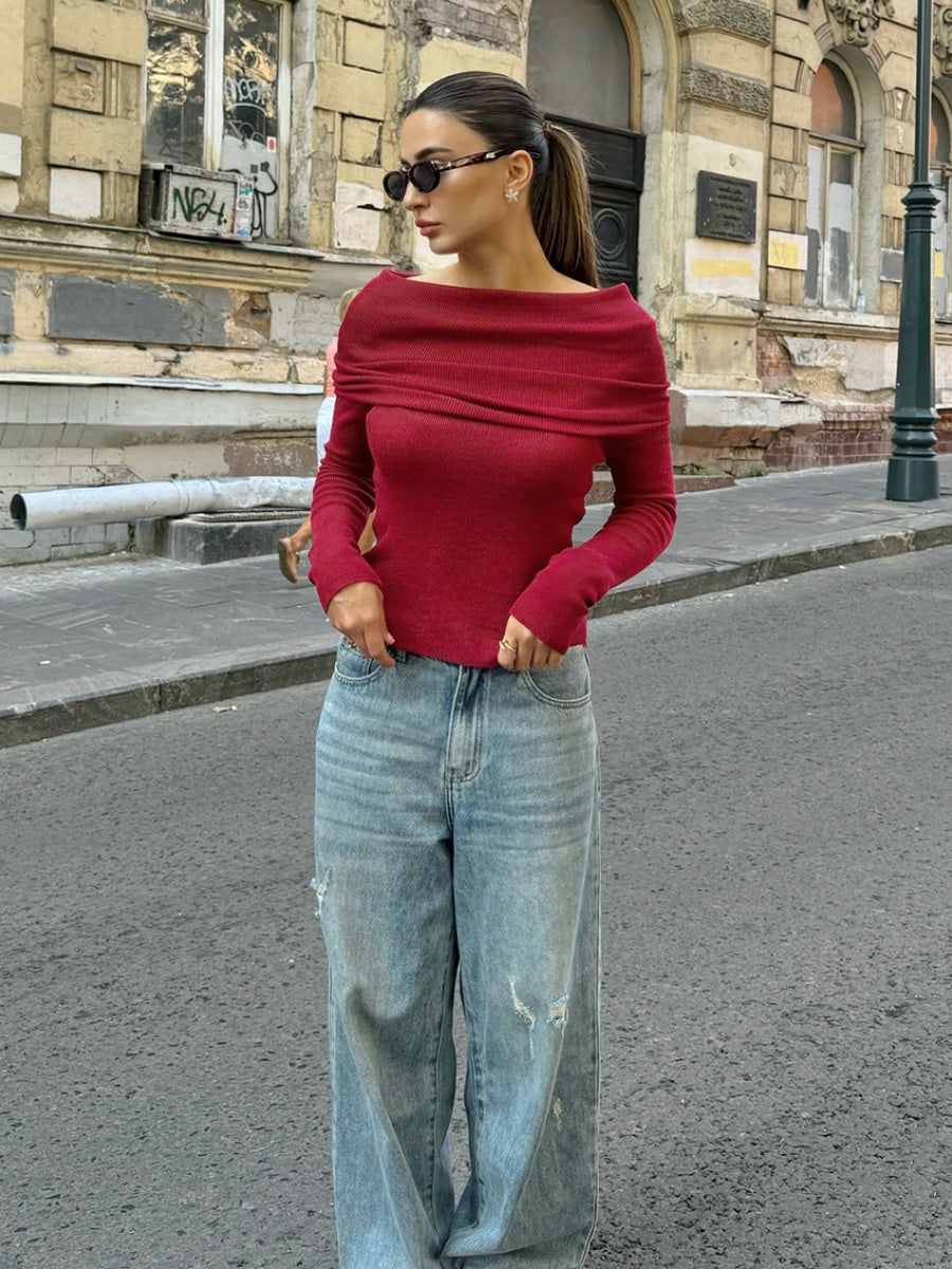 Kapuze Off-Shoulder Langarm Gestrickte Pullover