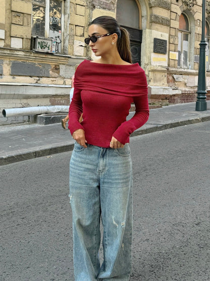 Kapuze Off-Shoulder Langarm Gestrickte Pullover