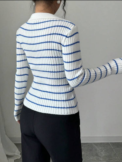 Liber Spring Damen Streifen V-Ausschnitt Strickpullover