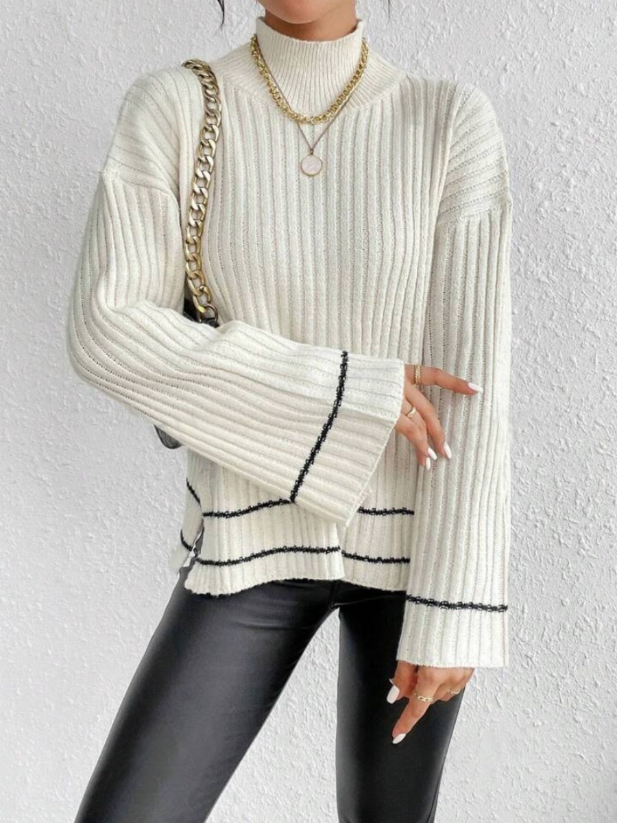 Liber Autumn Damen Pullover mit kontrastierenden Farben, weit ausgestellten Ärmeln und Rollkragen