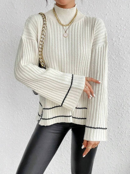 Liber Autumn Damen Pullover mit kontrastierenden Farben, weit ausgestellten Ärmeln und Rollkragen