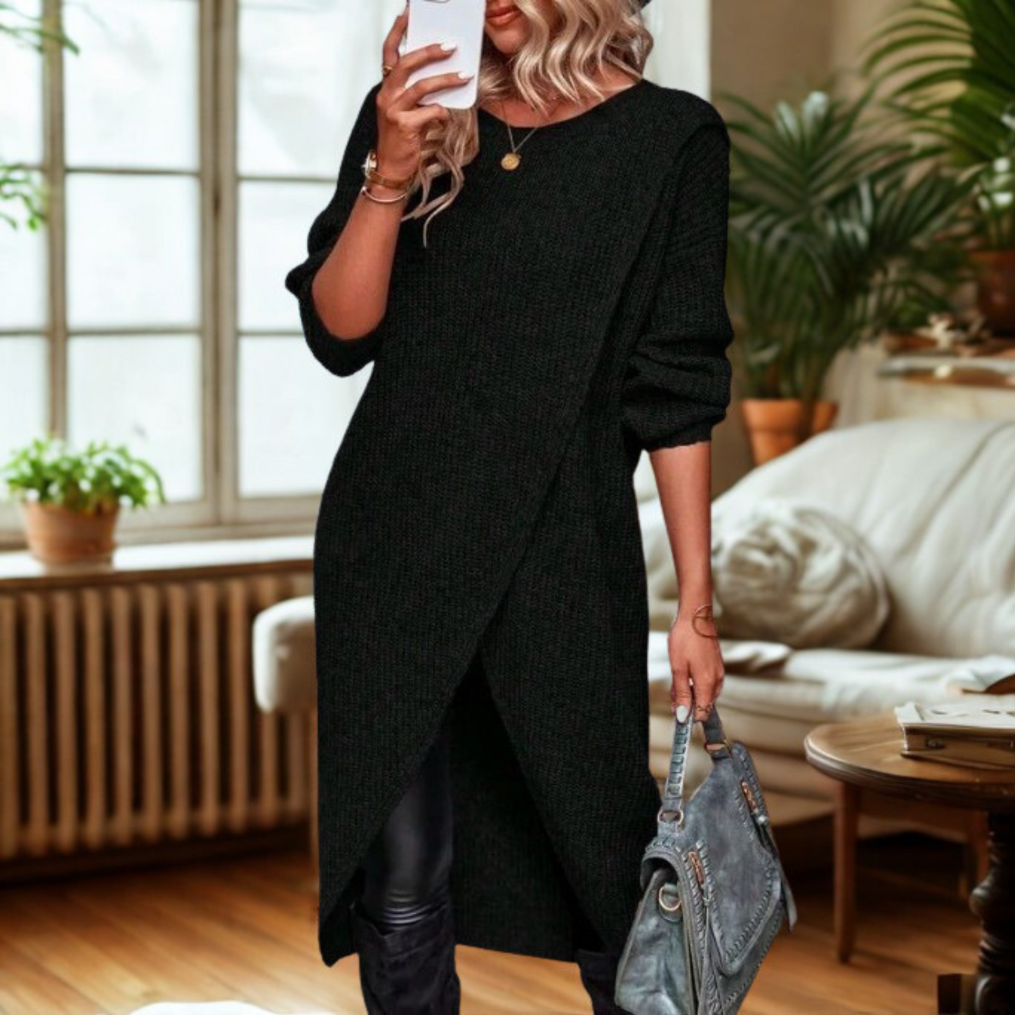 GALLY™ – Lässiges einfarbiges Wickel-Tunika-Strickkleid