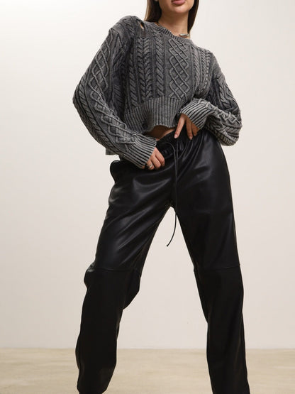 Liber Autumn Damen gewaschenes kurzes Kleidungsstück mit Bauchnabelloch, Batwing-Ärmeln, Pullover-Sweater