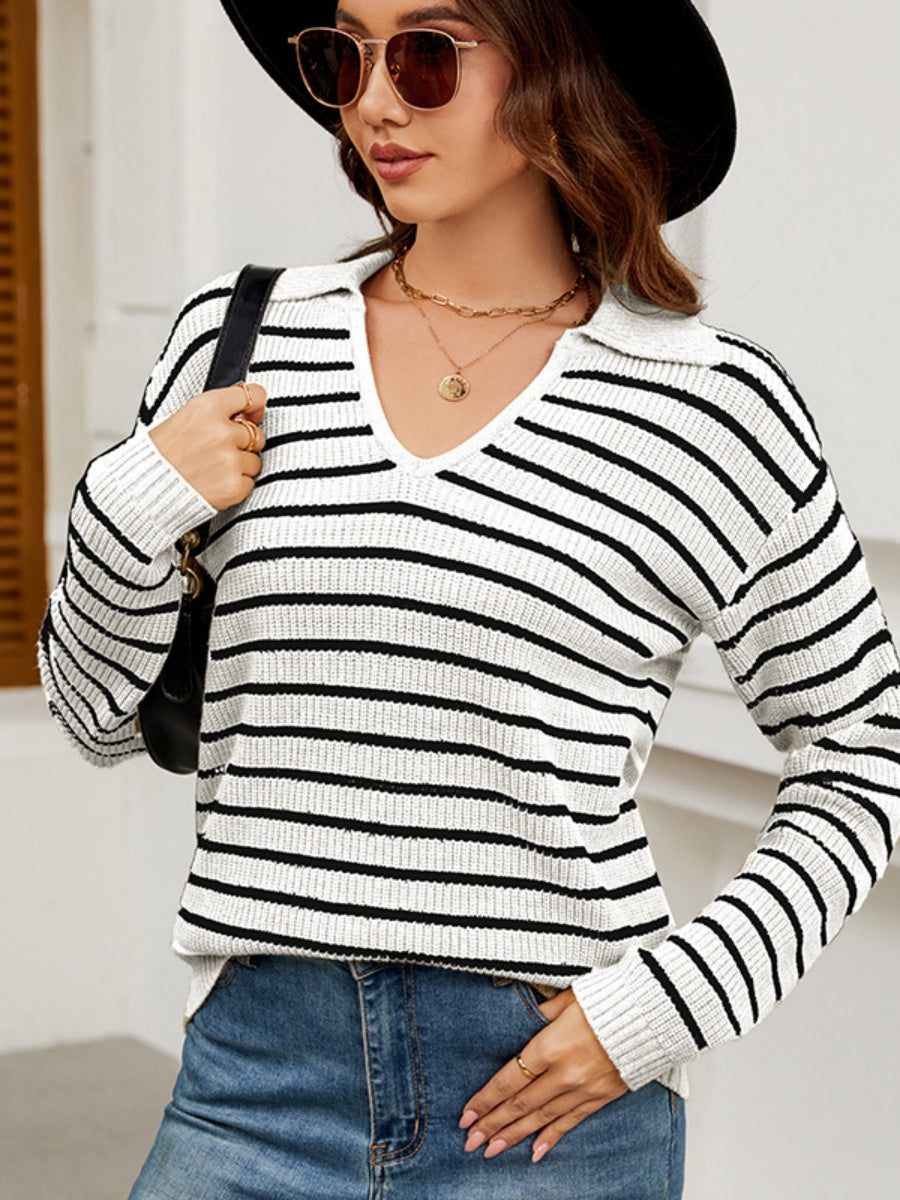 Liber Autumn Damen V-Ausschnitt Kontrastfarben Streifen Jacke Wolle