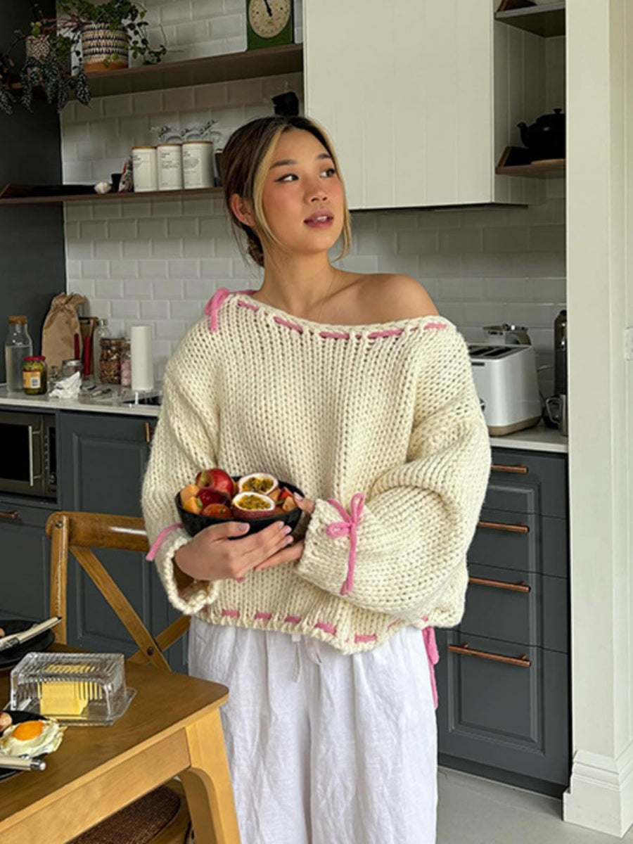 Schnürung Bogen Kontrastfarben Pullover